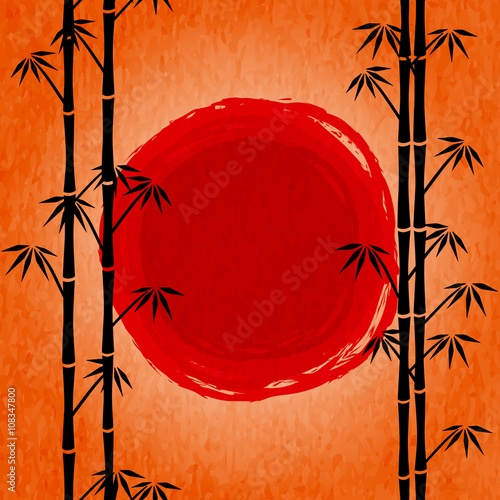 Japanese sunrise. Black silhouette of bamboo and red drawing sun. Poster with orange sky and japanese landscape. View throught trees of bamboo