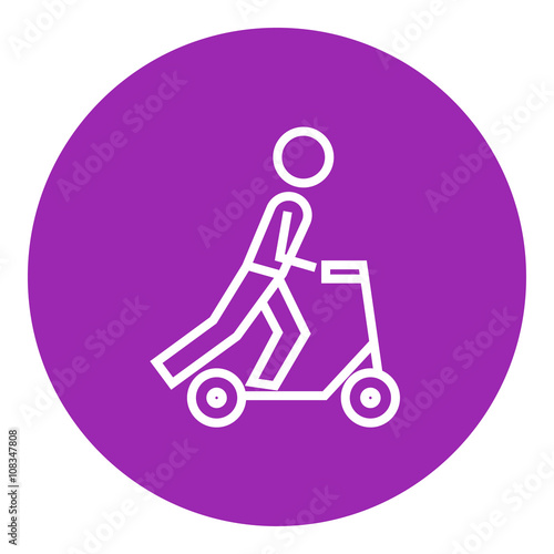 Man riding kick scooter line icon.