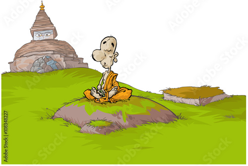 Cartoon illustration of a Buddhist monk with a Stupa in a background.