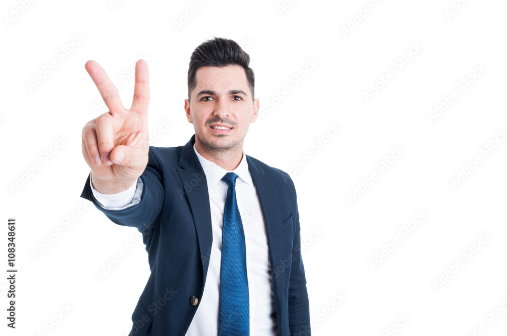 Salesman showing number two peace or victory gesture Salesman showing number two peace or victory gesture