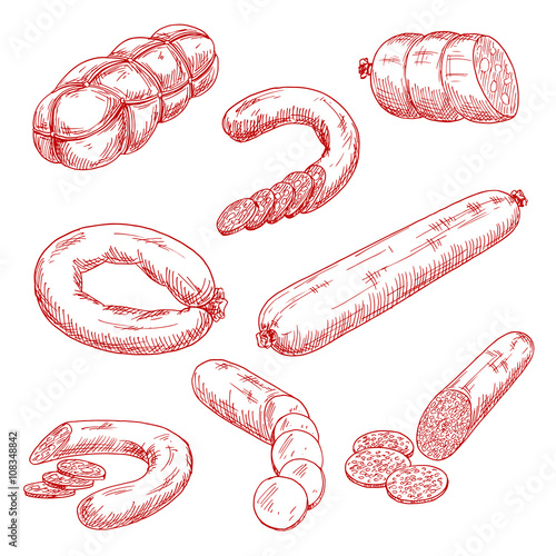 Assortment of fresh meat sausages red sketch icons