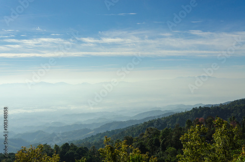 landscape view of mountains and sea of mist in the winter season