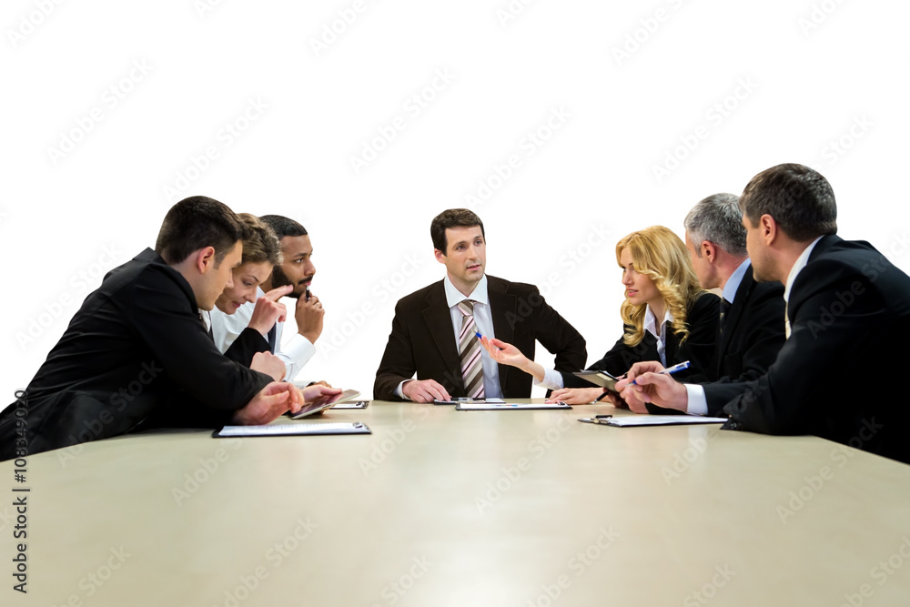 Businesspeople sitting at the table. Business meeting on white background.  Teamwork as it is. Company's brightest minds. Stock Photo | Adobe Stock