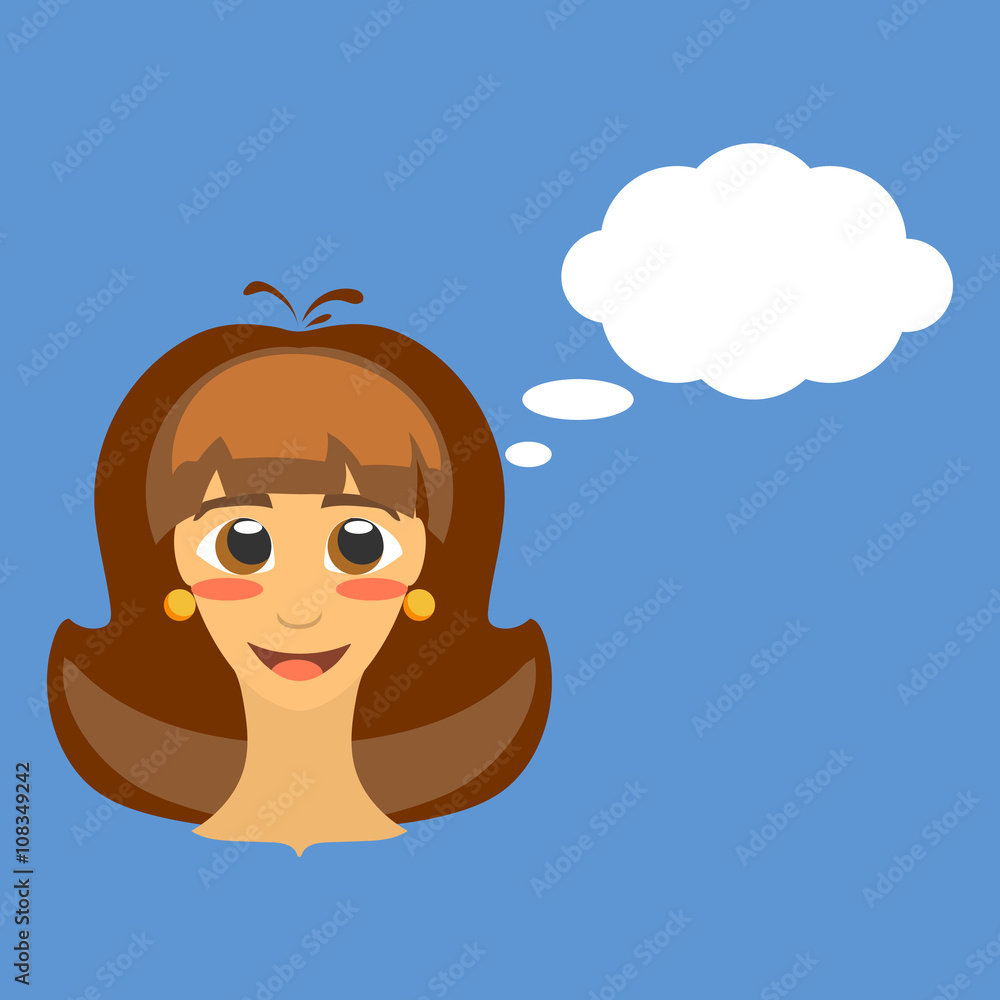 Frontal head of cute joyful young brunette girl with brown eyes and thinking bubble. The expression of positive emotions, smiles, happiness. Frontal head of cute joyful young brunette girl with brown eyes and thinking bubble. The expression of positive emotions, smiles, happiness.