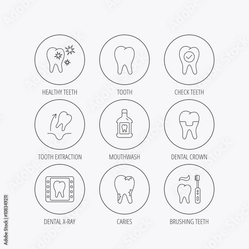 Tooth, dental crown and mouthwash icons. Caries.
