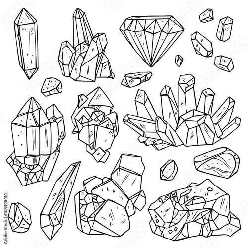 Set Of Hand Drawn Crystals And Minerals. Trendy Hipster Design Elements. Black And White Geometric Gems