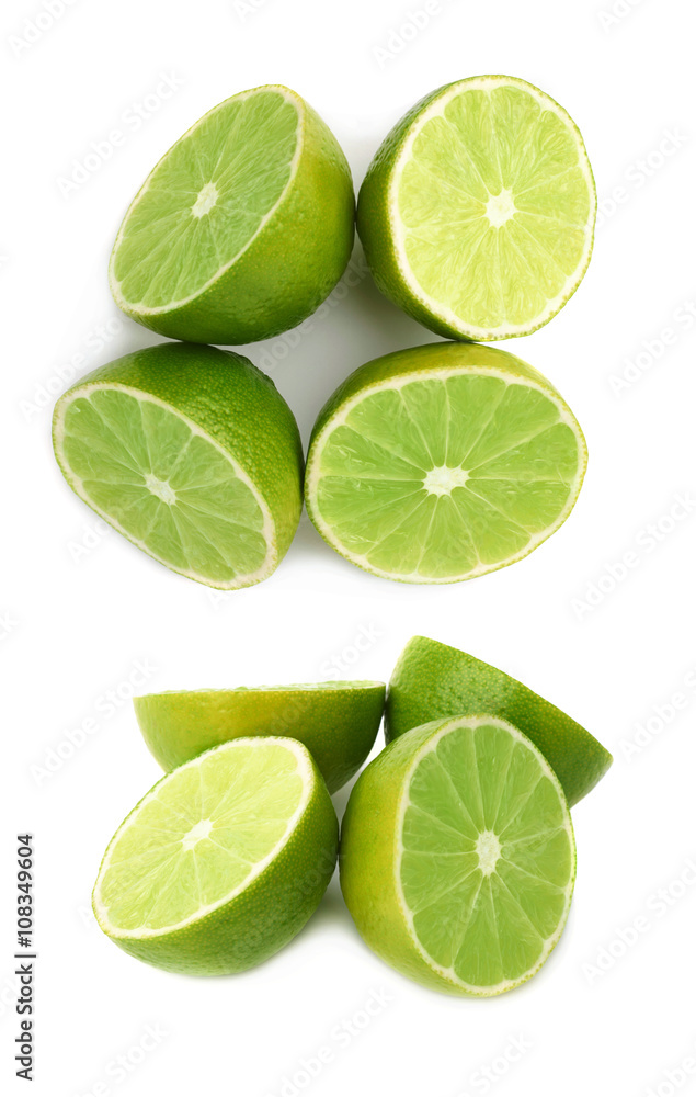 Four halves of a lime fruit isolated over the white background, set of different foreshortenings
