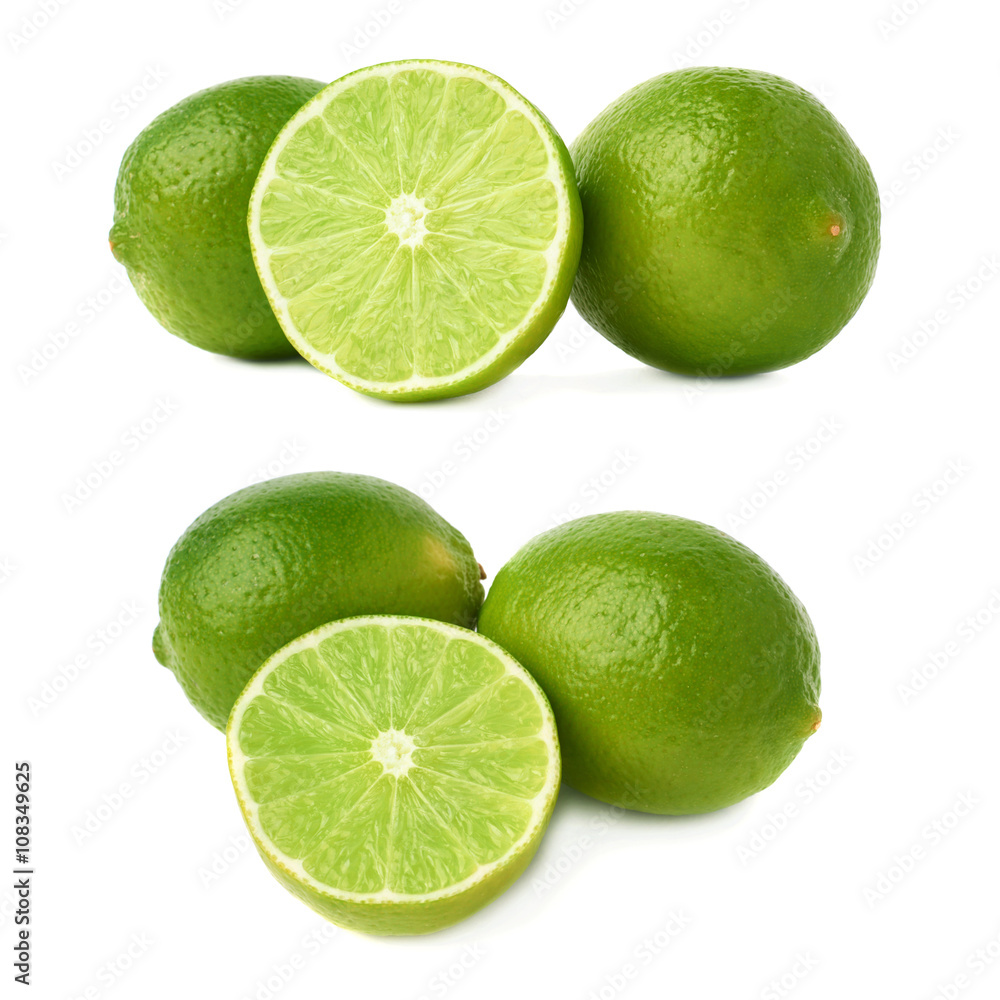 Served lime fruit composition isolated over the white background, set of different foreshortenings