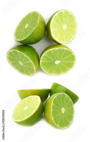 Four halves of a lime fruit isolated over the white background, set of different foreshortenings