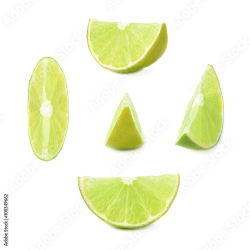Slice section of lime isolated over the white background, set of different foreshortenings