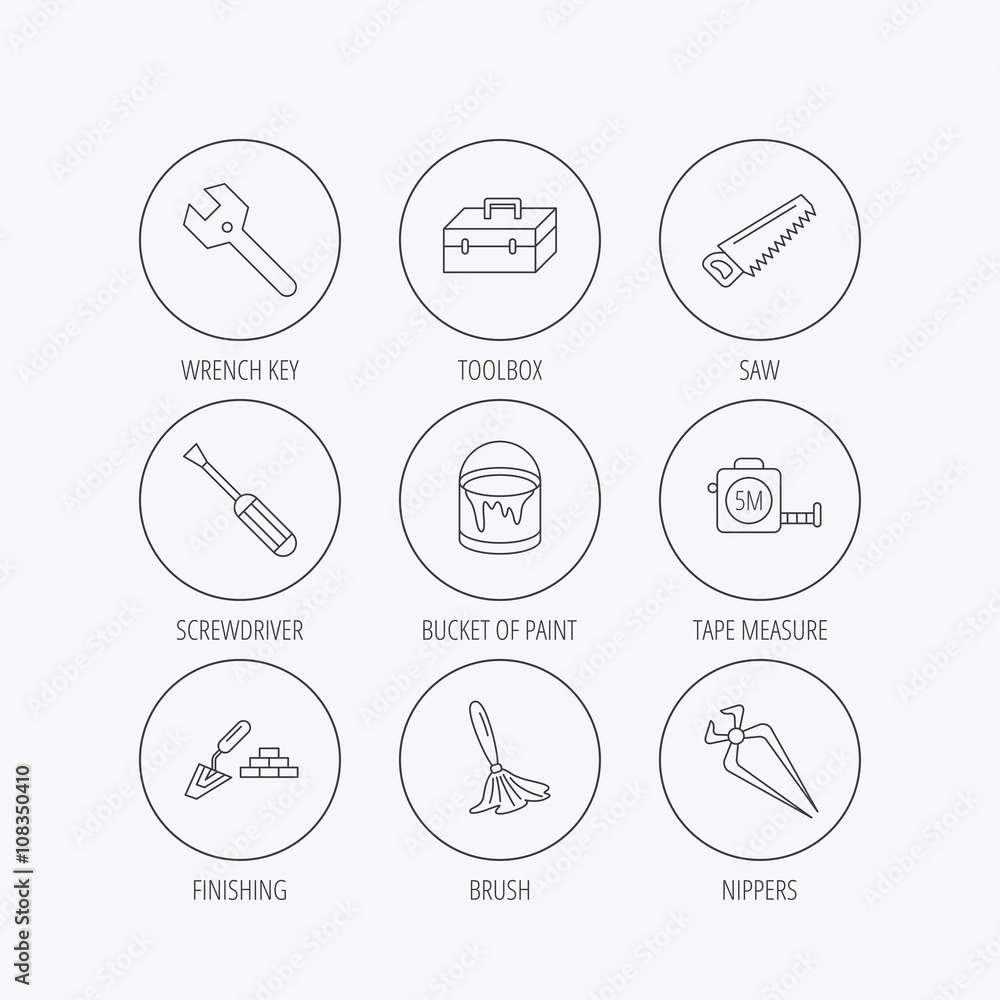 Wrench key, screwdriver and paint brush icons. Wrench key, screwdriver and paint brush icons.