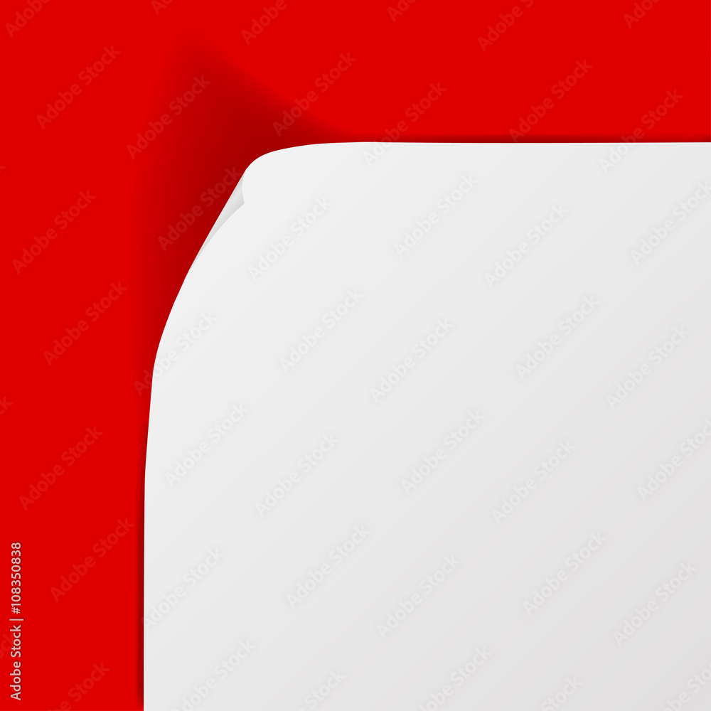 White sheet of paper with curved corner and with shadow on red b White sheet of paper with curved corner and with shadow on red b