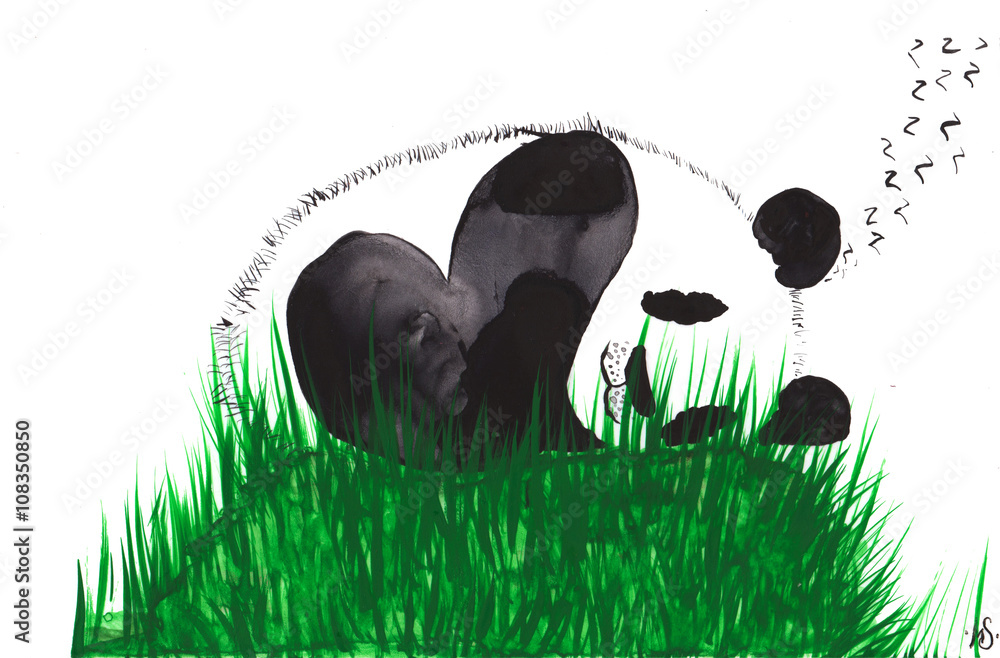 Obraz premium panda, hand- painted watercolor , sleeping on a hill covered wit