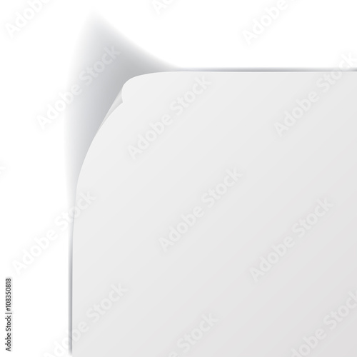 White sheet of paper with curved corner and with shadow on white