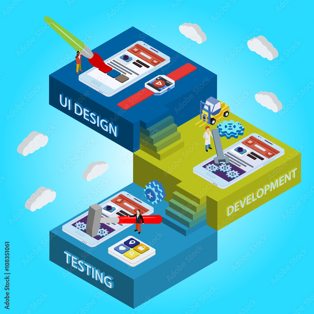 Process of app development. flat 3d isometric UI design, developer, testing app. Process of app development. flat 3d isometric UI design, developer, testing app.