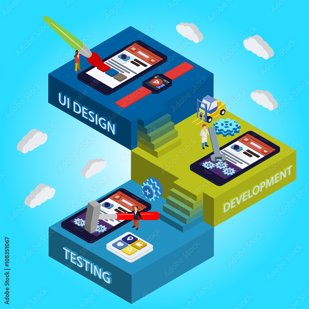 Flat 3d isometric UI design, developer, testing app. Process of app development. Flat 3d isometric UI design, developer, testing app. Process of app development.