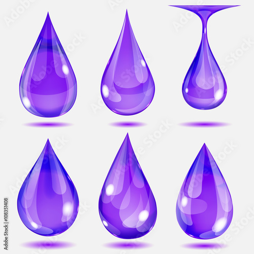 Set of transparent drops in violet colors. Transparency only in