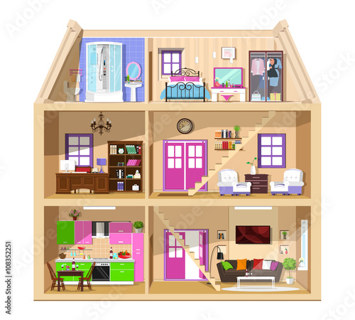 Modern graphic cute house in cut. Detailed colorful vector house interior. Stylish rooms with furniture. House inside isolated.