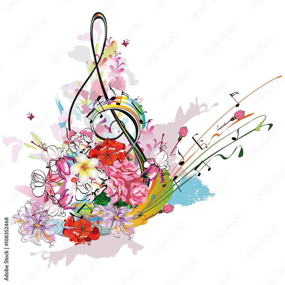 Fototapeta premium Summer music with flowers and butterfly, colorful splashes.