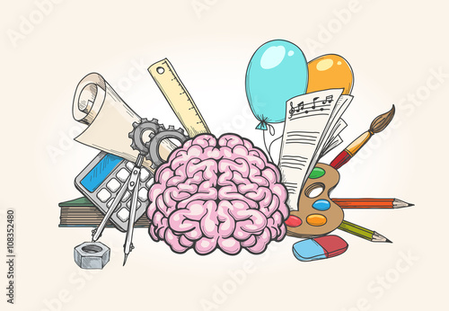 Left and right brain concept. Human brain creativity and analytical skills hand drawn vector illustration