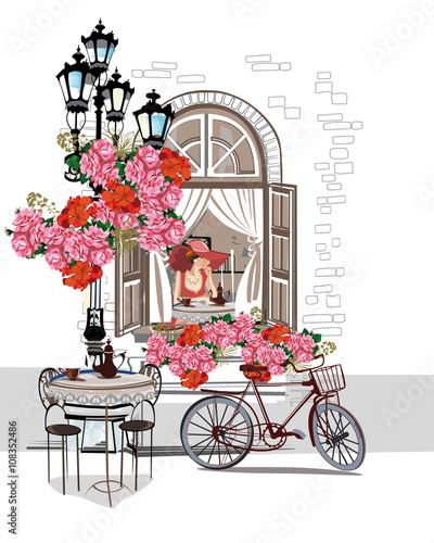 Series of sketches of beautiful old city views with cafes
