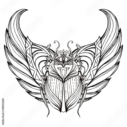 Hand drawn vintage scarab with wings. Insect with doodle pattern. Vector element for tattoo sketch, printing on T-shirts, postcards and your design