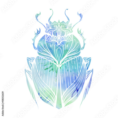 Hand drawn vintage scarab with blue watercolor background. Insect with doodle pattern. Vector element for tattoo sketch, printing on T-shirts, postcards and your design