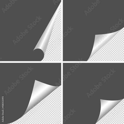 Set of Pages curl with shadow on blank sheet of paper. White paper sticker. Element for advertising and promotional message isolated on transparent background.
