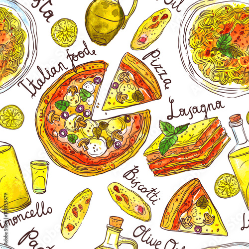 Watercolor Hand Drawn Seamless Pattern Of Italian Food With Pasta, Pizza, Lasagna, Biskotti, Limoncello And Olive Oil