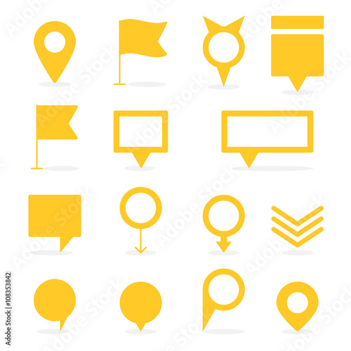 Set of yellow isolated pointers and markers different shapes