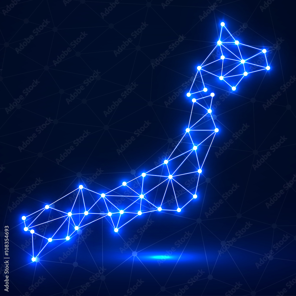 Abstract polygonal Japan map with glowing dots and lines, network connections, vector illustration, eps 10