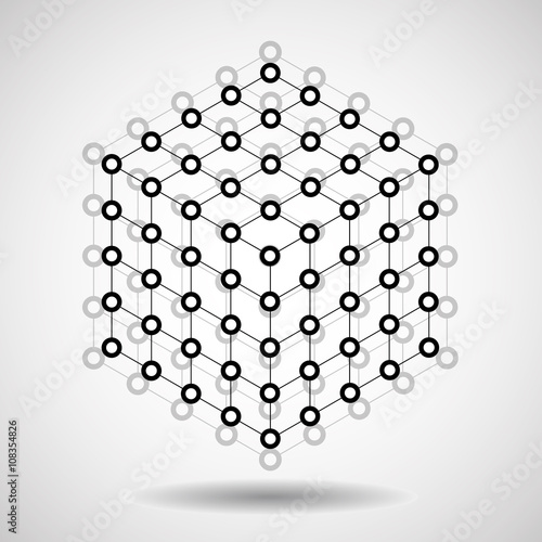 Cube of lines and dots, molecular lattice, geometric shape, network connection, vector illustration