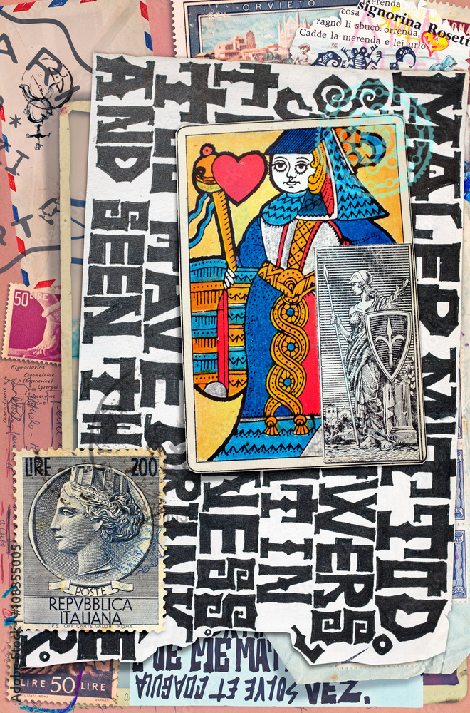 Obraz premium Collage con francobolli antichi,carte da gioco e tarocchi