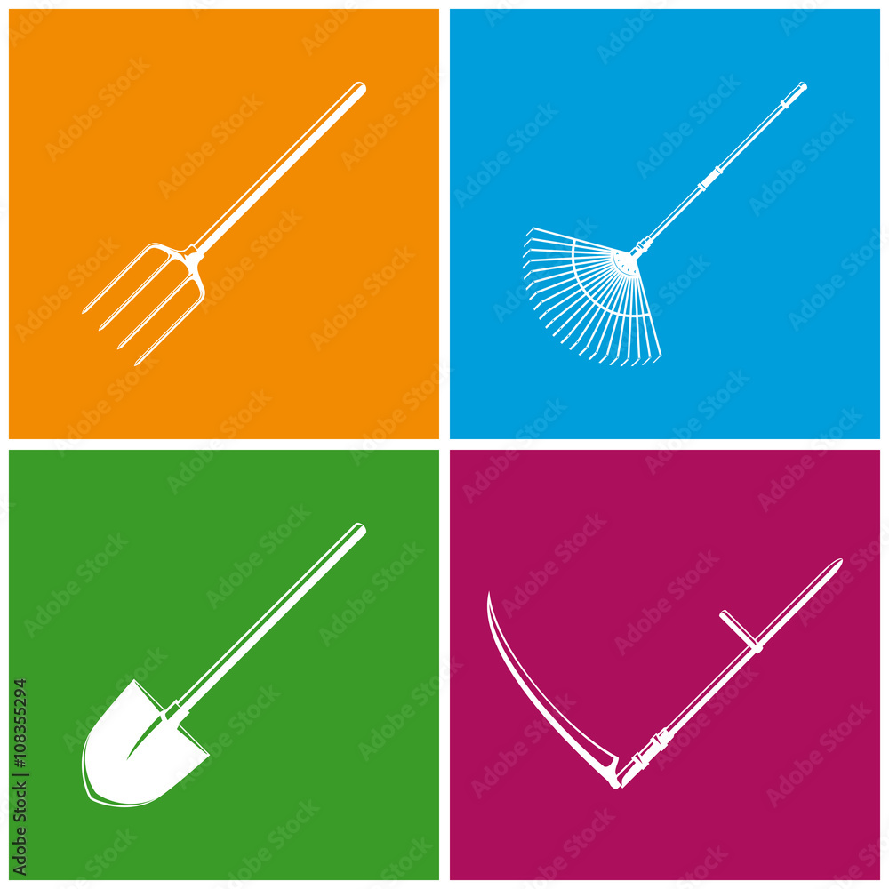 Set of Colored Farming Icons , Garden and Landscaping Tools , Icon Garden Fork , Icon Garden Leaf Rake , Icon Shovel , Icon Scythe , Garden Equipment , Agricultural Tool , Vector Illustration Set of Colored Farming Icons , Garden and Landscaping Tools , Icon Garden Fork , Icon Garden Leaf Rake , Icon Shovel , Icon Scythe , Garden Equipment , Agricultural Tool , Vector Illustration