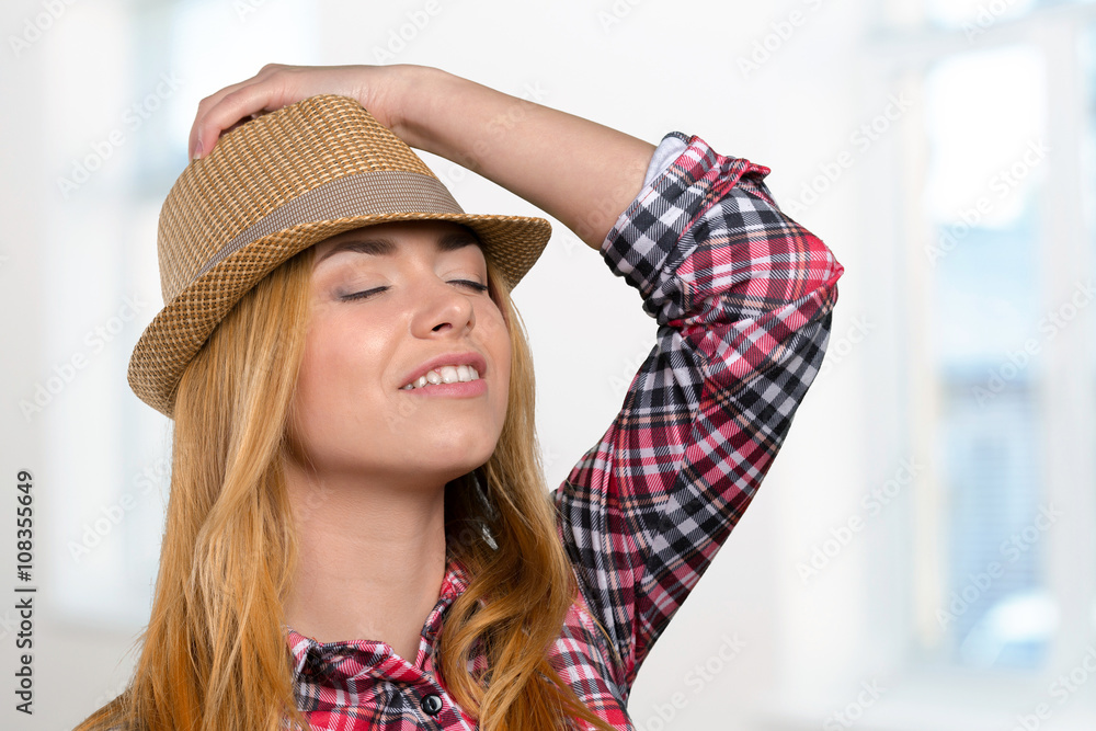 Slim pretty young girl in straw hat Slim pretty young girl in straw hat