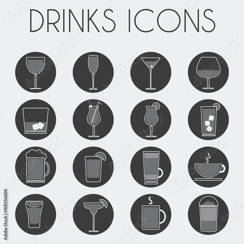 Drinks Cocktail Glasses Round icon Set. Alcoholic and Non Alcoholic Drinks Bar Menu Icons. Wine, Champagne, Whiskey, Tea and Coffee. Digital background black and white vector illustration.