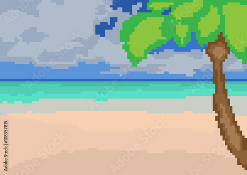 Summer landscape with the sea, palm trees and sand in pixel style.