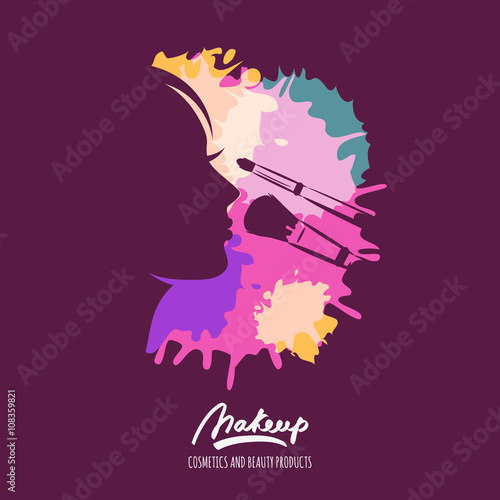 Woman face and makeup brushes on watercolor splash background. Vector beauty logo design elements. Female profile illustration. Concept for beauty salon, cosmetics label background, visage and makeup.