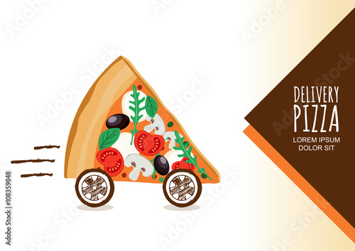 Vector design for pizza delivery, italian restaurant menu, cafe, pizzeria. Pizza with wheels, isolated on white background. Slice of pizza with tomato, olives, mushrooms. Fast food delivery symbol. 