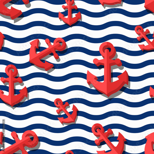 Tapety Wektor wzór z 3d stylizowane czerwone kotwice i niebieskie faliste paski. Lato morskie paski tle. Projektowanie mody na tekstylia, papier pakowy, tło www. Płaski symbol kotwicy.
