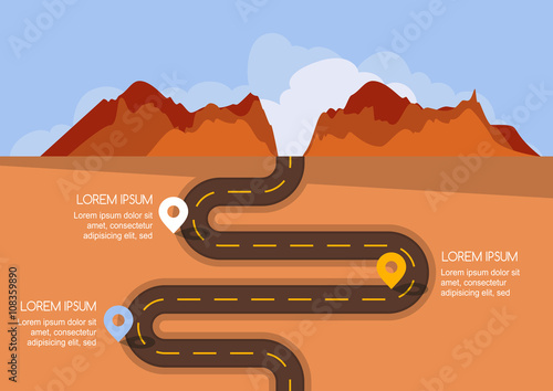Road with markers, vector infographics template. Winding road in desert and mountains. Rural empty street, flat style illustration. Summer or autumn landscape. Nature background with space for text. 