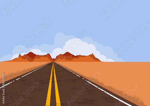 Road in desert and mountains. Summer or autumn panoramic landscape with empty highway and blue sky. Country street road, flat style illustration. Nature vector background with copy space.