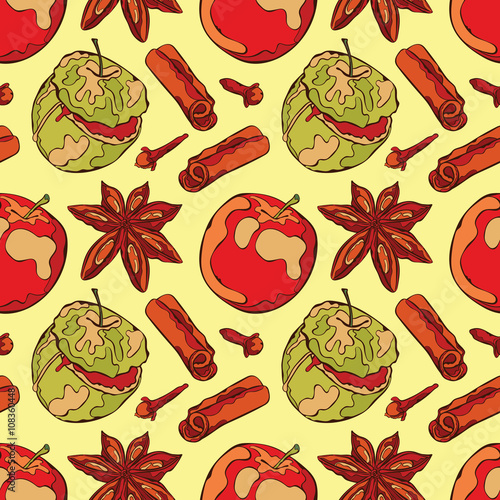 Baked apple and spices. Apple, cinnamon, cloves, dried star anise flowers. Vector seamless pattern (background).