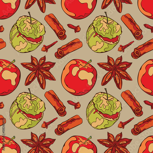 Baked apple and spices. Apple, cinnamon, cloves, dried star anise flowers. Vector seamless pattern (background).
