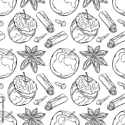 Baked apple and spices. Apple, cinnamon, cloves, dried star anise flowers. Vector seamless pattern (background).