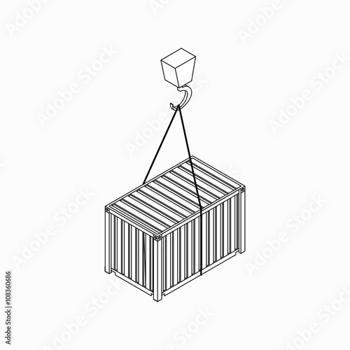 Crane lifts container icon, isometric 3d style