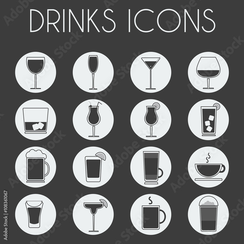 Drinks Cocktail Glasses Round icon Set. Alcoholic and Non Alcoholic Drinks Bar Menu Icons. Wine, Champagne, Whiskey, Tea and Coffee. Digital background black and white vector illustration.