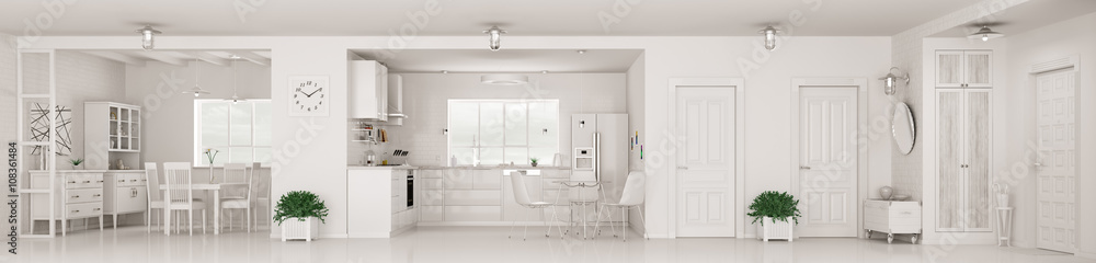 Modern interior of white apartment panorama 3d rendering Modern interior of white apartment panorama 3d rendering