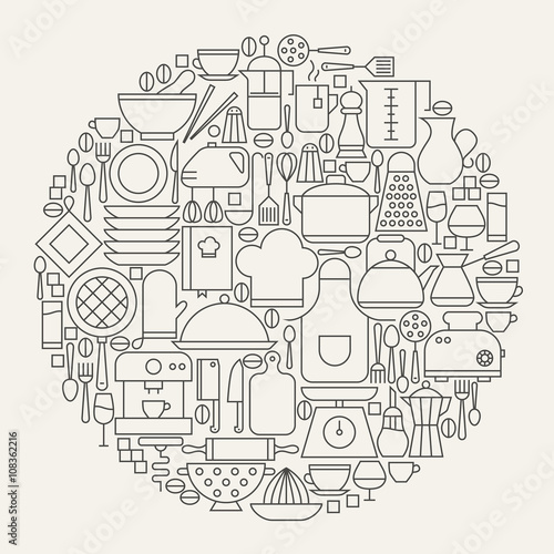 Kitchen Utensils and Cooking Line Icons Set Circle Shape