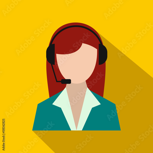 Support phone operator in headset icon, flat style